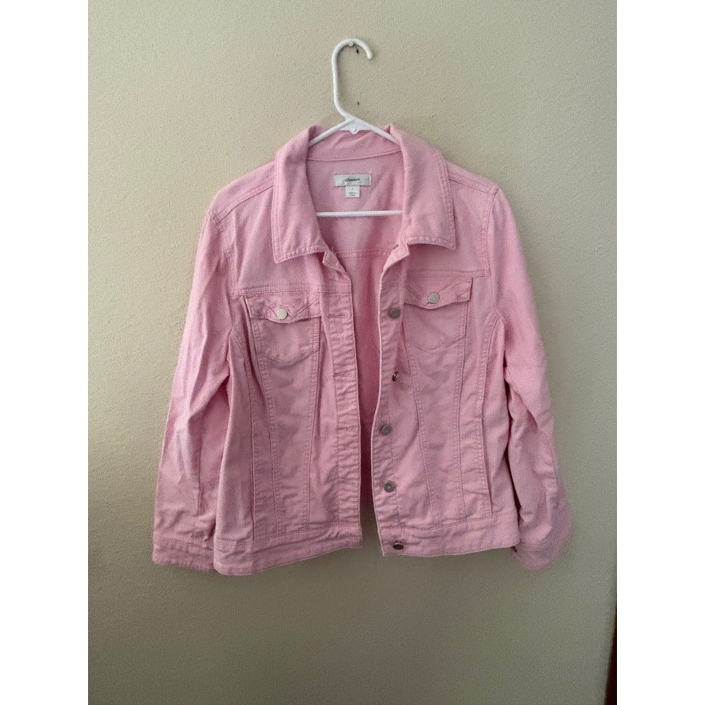 CJ Banks Pink Denim Trucker Jacket Womens Size X Pastel Cotton Stretch 
A1087